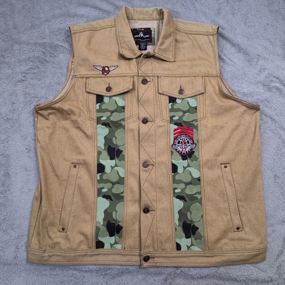 Red Ape Men's Kahki Denim Vest with Camo and Studded Trim Men's Size 5XL‎